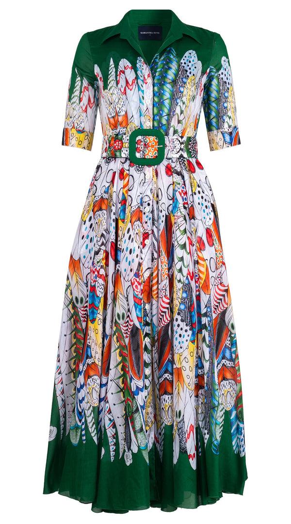 samantha sung Aster Dress Shirt Collar 1/2 Sleeve Tea Length Cotton Musola (African Feather)