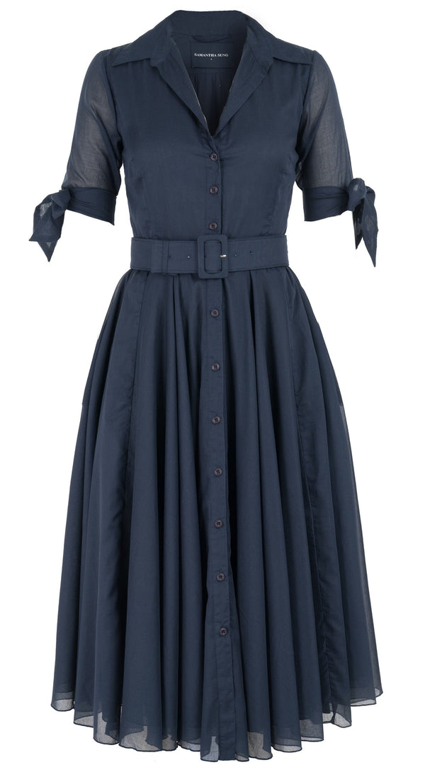 samantha sung Aster Dress Shirt Collar 1/2 Tie Sleeve Midi Length Silk Musola (Solid)