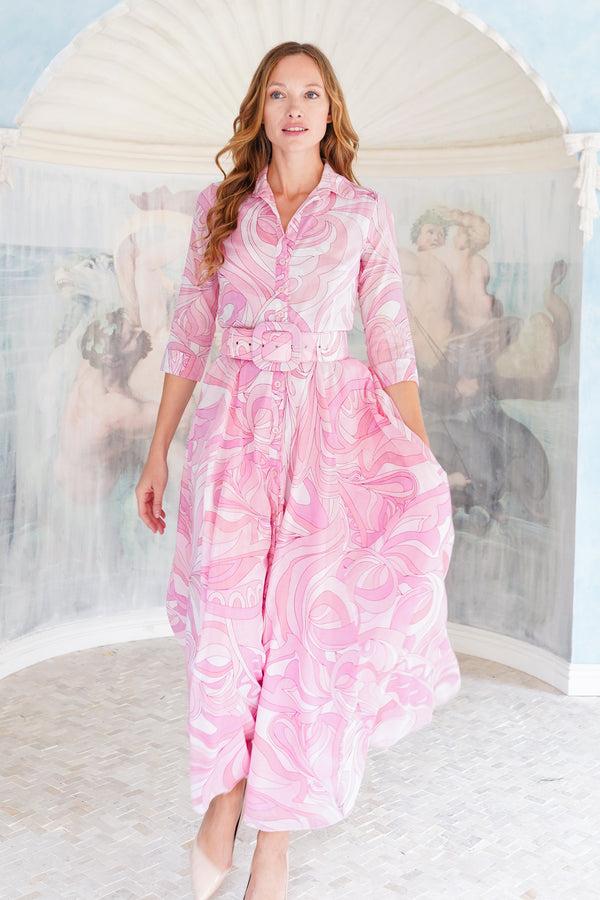 Samantha Sung Aster Dress Shirt Collar 3/4 Sleeve Maxi Length Cotton Musola (Pucciesque Graphic)