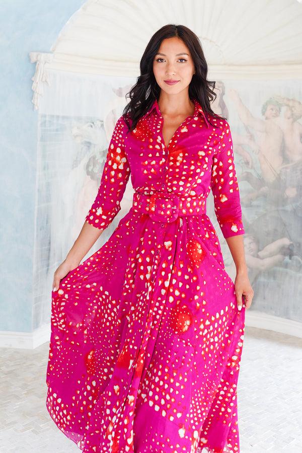 Samantha Sung Aster Dress Shirt Collar 3/4 Sleeve Maxi Length Cotton Musola (Tie Dye Geometric Bright)