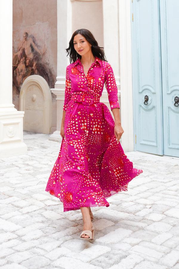 samantha sung Aster Dress Shirt Collar 3/4 Sleeve Maxi Length Cotton Musola (Tie Dye Geometric Bright)