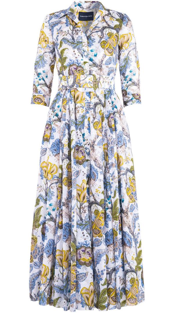 Samantha Sung Aster Dress Shirt Collar 3/4 Sleeve Maxi Length Cotton Musola (Darts Hill Garden)