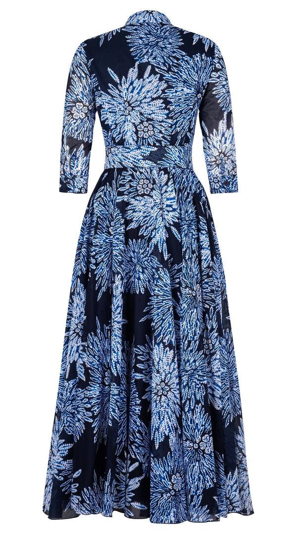 Samantha Sung Aster Dress Shirt Collar 3/4 Sleeve Maxi Length Cotton Musola (Shibori Sumire)