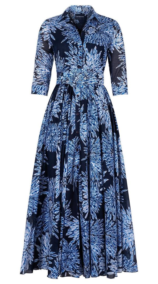 samantha sung Aster Dress Shirt Collar 3/4 Sleeve Maxi Length Cotton Musola (Shibori Sumire)