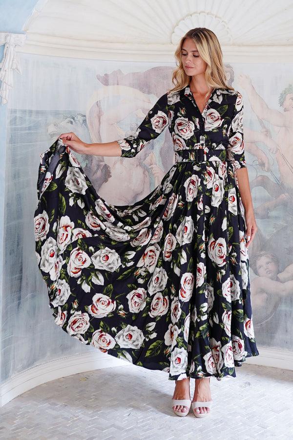 samantha sung Aster Dress Shirt Collar 3/4 Sleeve Maxi Length Poliamide Taffta (White Rose)