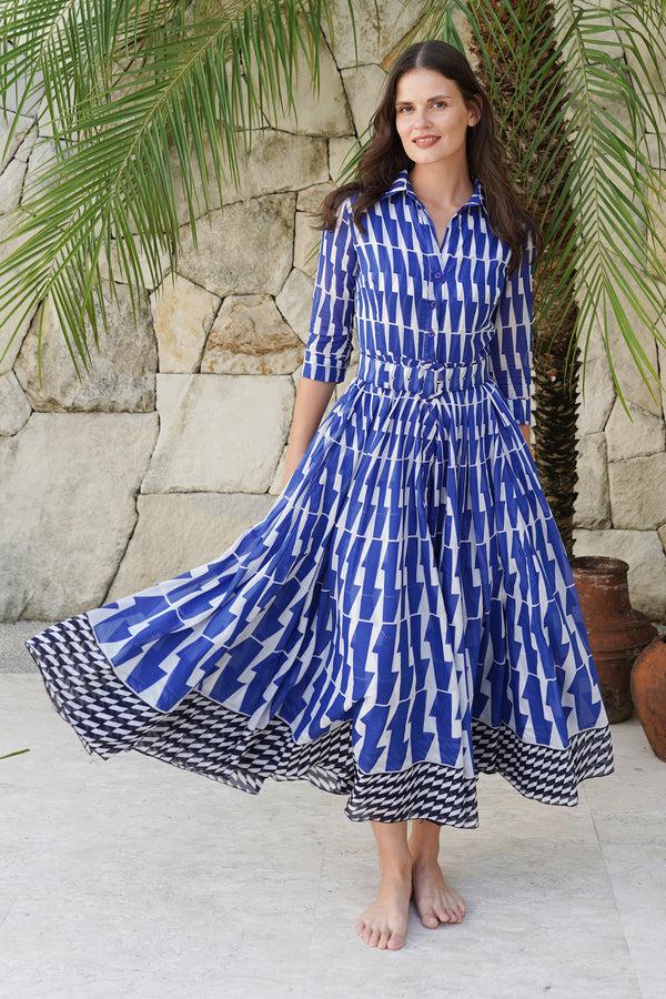 Samantha Sung Aster Dress Shirt Collar 3/4 Sleeve Maximum Length Cotton Musola (Mode Zigzag)