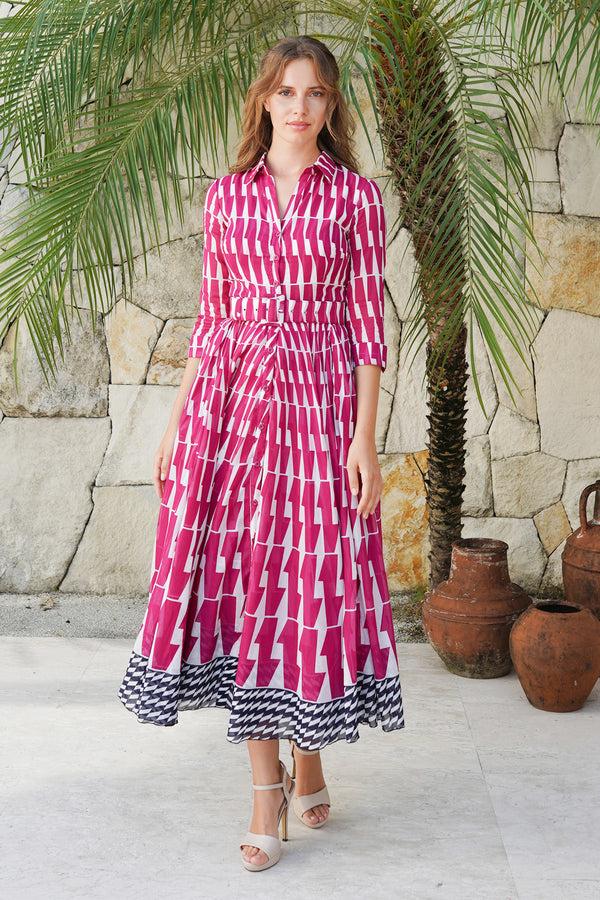 Samantha Sung Aster Dress Shirt Collar 3/4 Sleeve Maximum Length Cotton Musola (Mode Zigzag)