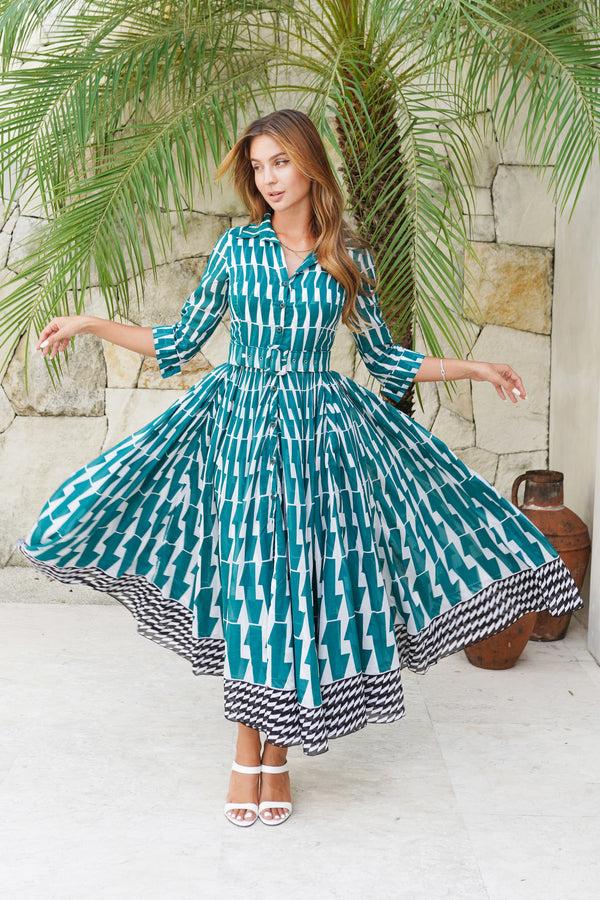 samantha sung Aster Dress Shirt Collar 3/4 Sleeve Maximum Length Cotton Musola (Mode Zigzag)