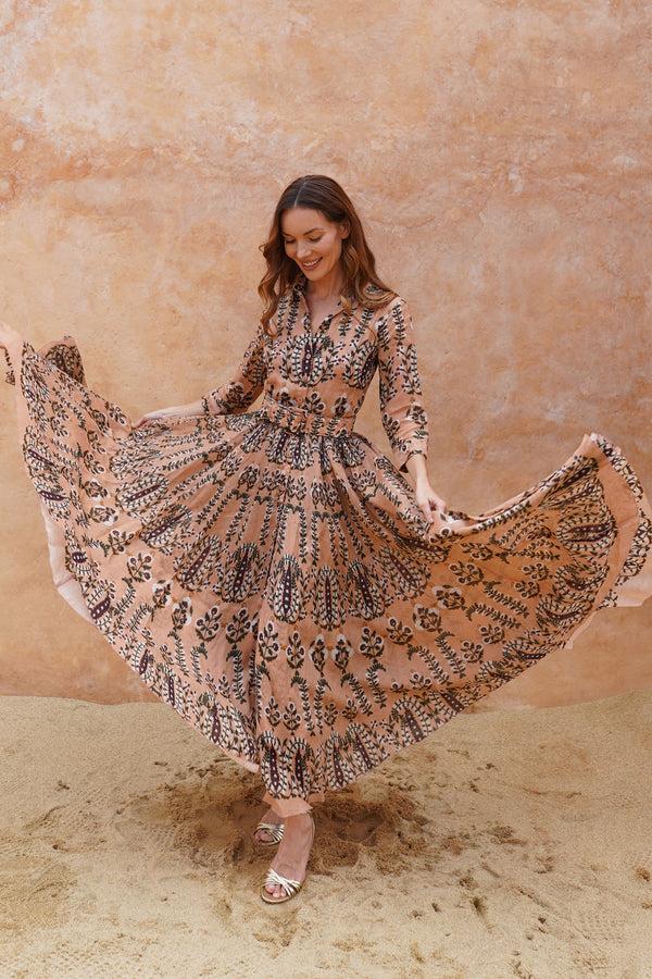 Samantha Sung Aster Dress Shirt Collar 3/4 Sleeve Maximum Length Cotton Musola (Suzani Ferns)