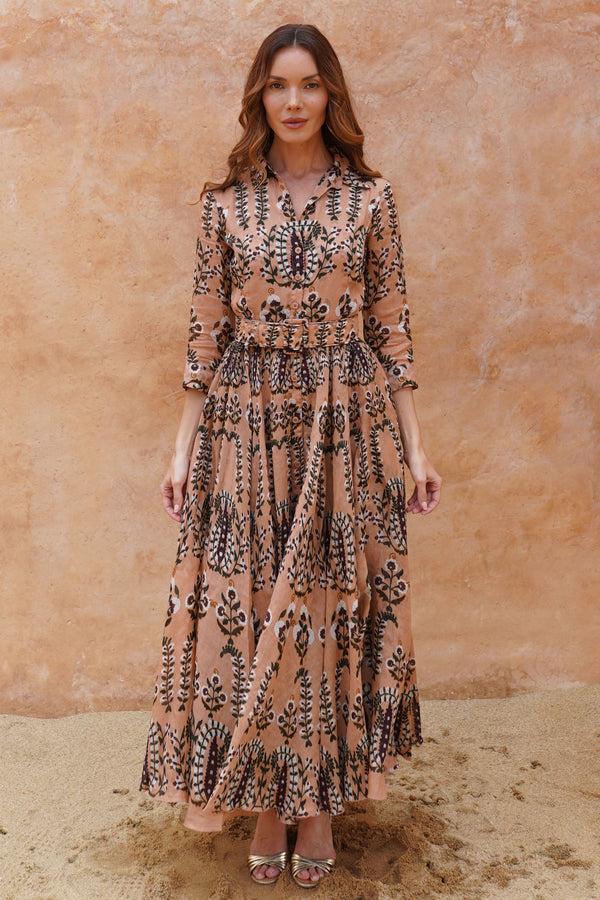 samantha sung Aster Dress Shirt Collar 3/4 Sleeve Maximum Length Cotton Musola (Suzani Ferns)