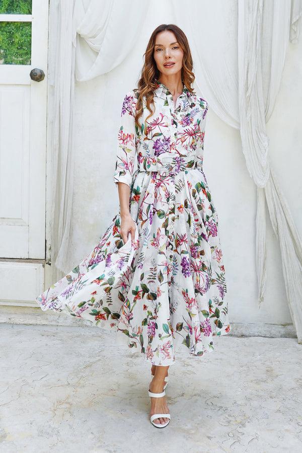 samantha sung Aster Dress Shirt Collar 3/4 Sleeve Midi Length Cotton Musola (Gallerie Summer Bouquet)