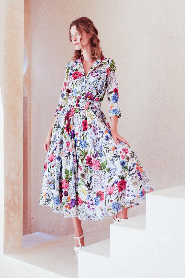 Samantha Sung Aster Dress Shirt Collar 3/4 Sleeve Midi Length Cotton Musola (Multicolor Botanic Small)