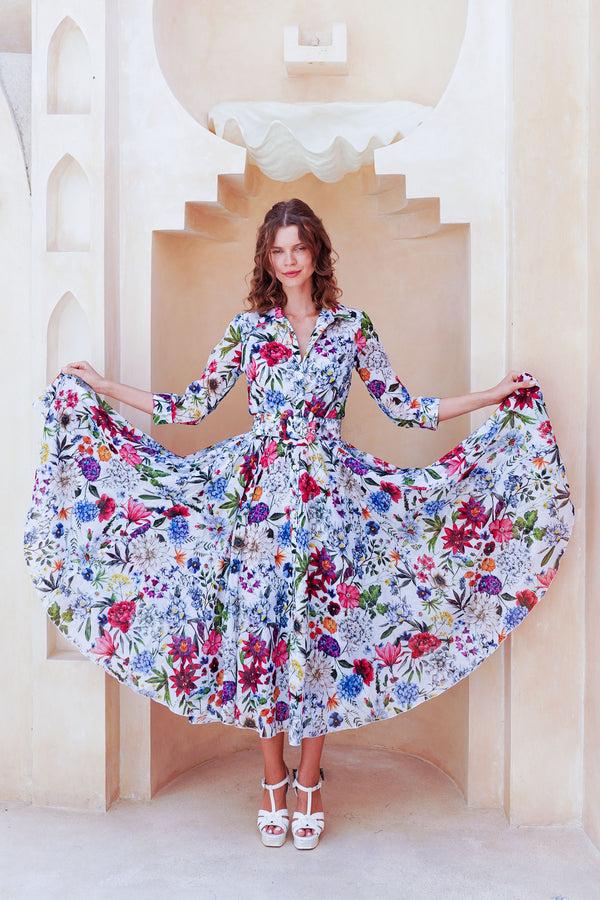 Samantha Sung Aster Dress Shirt Collar 3/4 Sleeve Midi Length Cotton Musola (Multicolor Botanic Small)