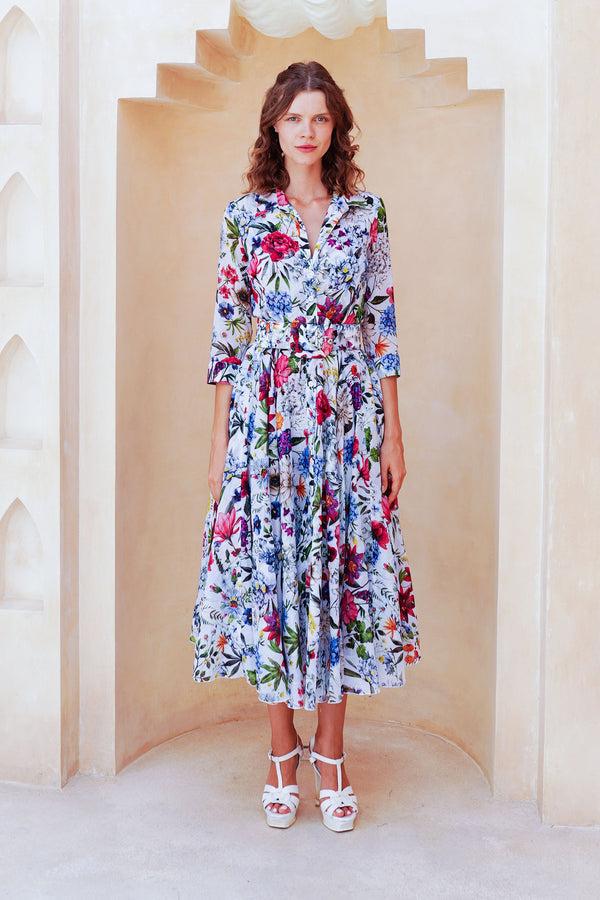 samantha sung Aster Dress Shirt Collar 3/4 Sleeve Midi Length Cotton Musola (Multicolor Botanic Small)