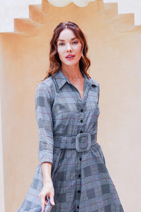 Samantha Sung Aster Dress Shirt Collar 3/4 Sleeve Midi Length Cotton Musola (Savile Row Check Big White)