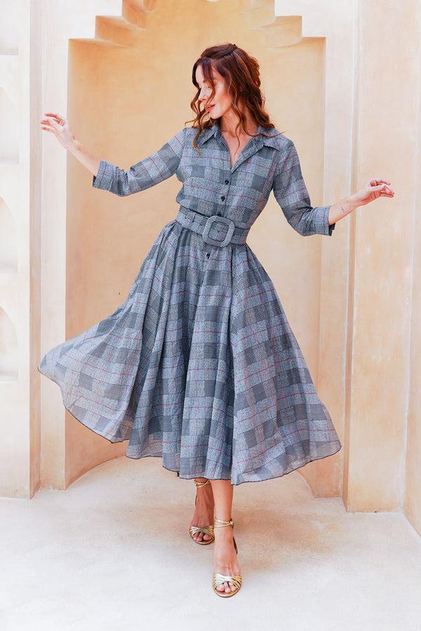 Samantha Sung Aster Dress Shirt Collar 3/4 Sleeve Midi Length Cotton Musola (Savile Row Check Big White)