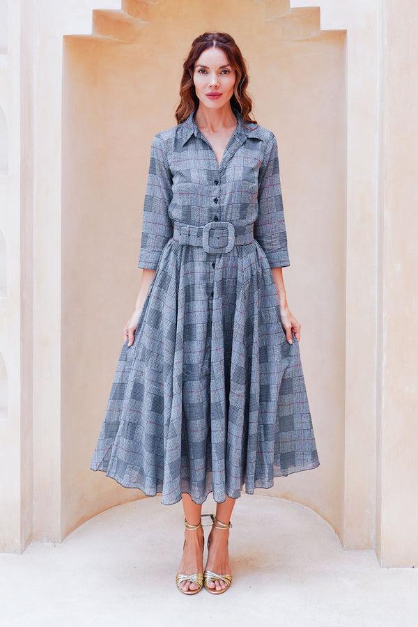 samantha sung Aster Dress Shirt Collar 3/4 Sleeve Midi Length Cotton Musola (Savile Row Check Big White)