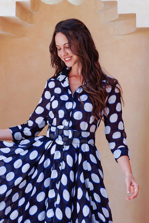 Samantha Sung Aster Dress Shirt Collar 3/4 Sleeve Midi Length Cotton Musola (Tie Dye Dot)