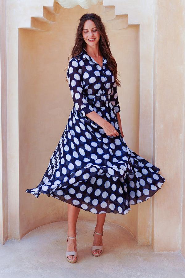 Samantha Sung Aster Dress Shirt Collar 3/4 Sleeve Midi Length Cotton Musola (Tie Dye Dot)