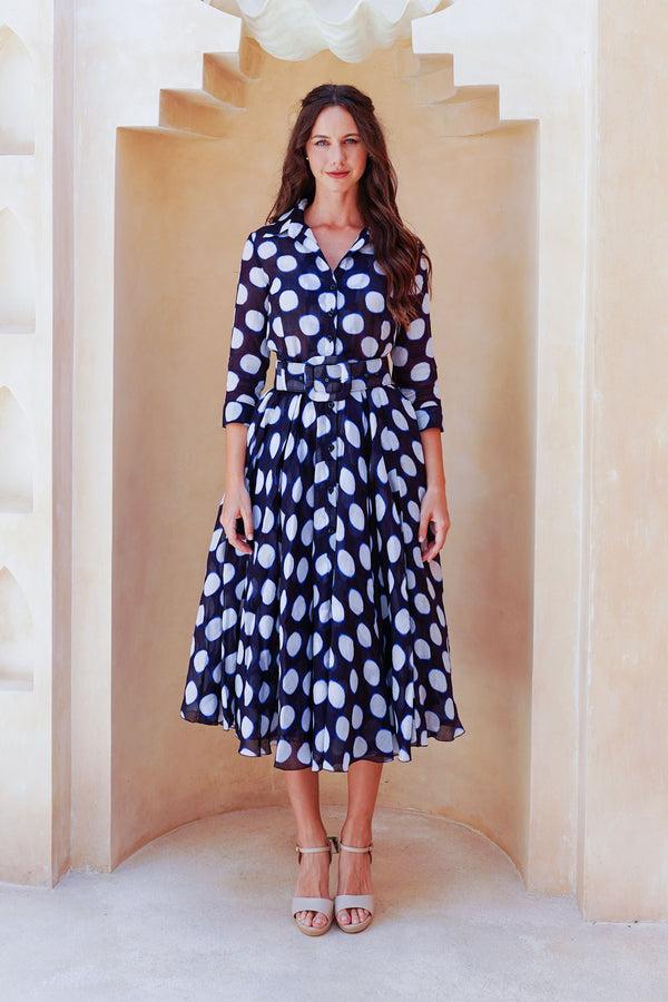samantha sung Aster Dress Shirt Collar 3/4 Sleeve Midi Length Cotton Musola (Tie Dye Dot)