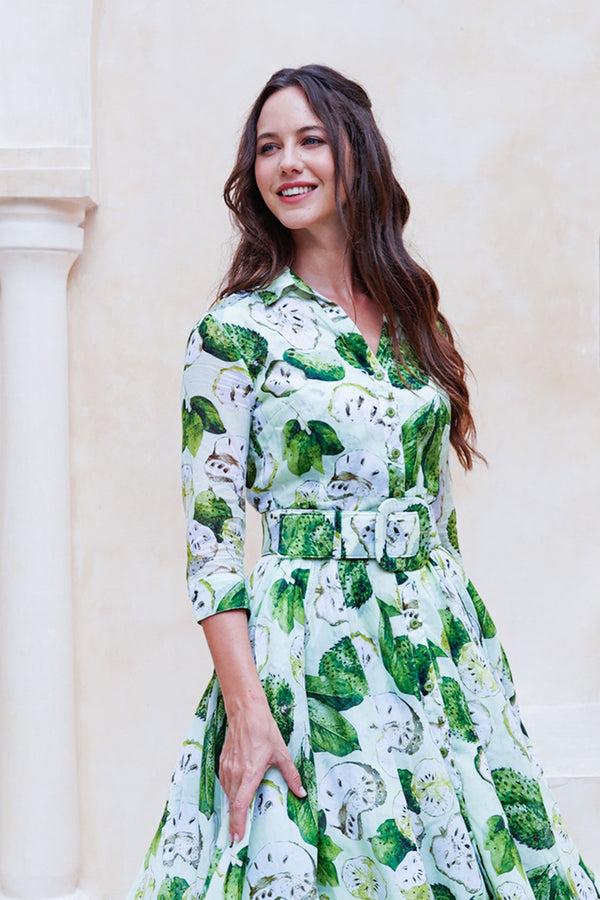 Samantha Sung Aster Dress Shirt Collar 3/4 Sleeve Midi Length Cotton Musola (Watercolor Soursop Pastel)