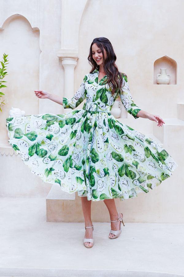 Samantha Sung Aster Dress Shirt Collar 3/4 Sleeve Midi Length Cotton Musola (Watercolor Soursop Pastel)