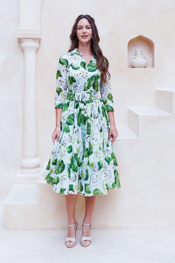 samantha sung Aster Dress Shirt Collar 3/4 Sleeve Midi Length Cotton Musola (Watercolor Soursop Pastel)