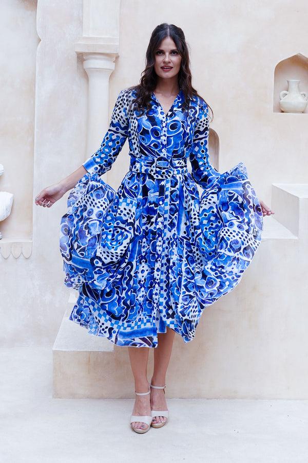 Samantha Sung Aster Dress Shirt Collar 3/4 Sleeve Midi Length Cotton Musola (Watercolor Tile Mono)