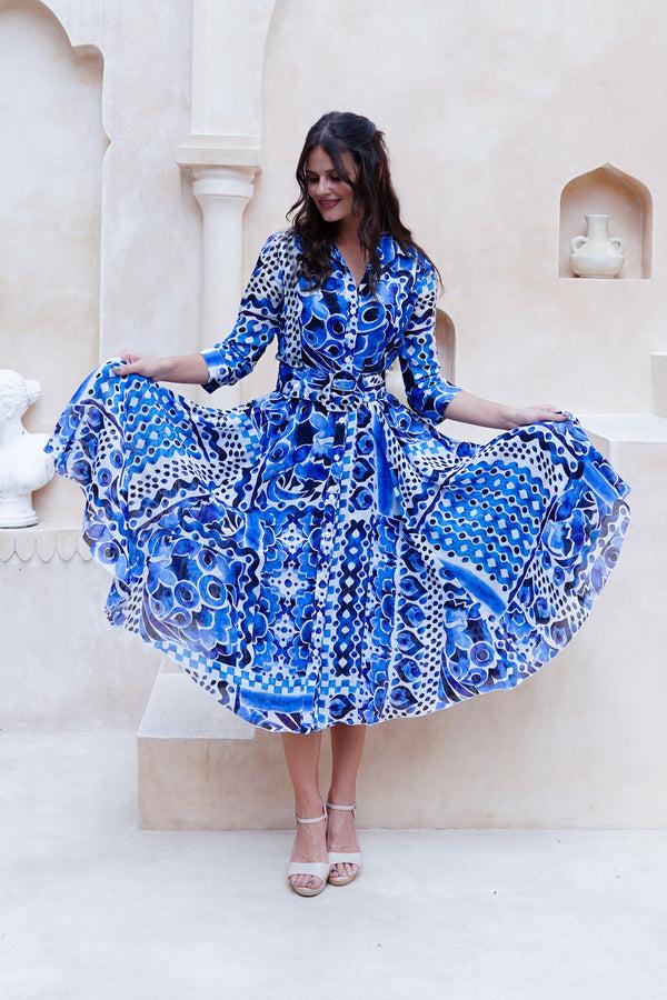 Samantha Sung Aster Dress Shirt Collar 3/4 Sleeve Midi Length Cotton Musola (Watercolor Tile Mono)