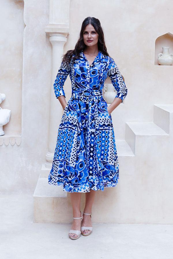 samantha sung Aster Dress Shirt Collar 3/4 Sleeve Midi Length Cotton Musola (Watercolor Tile Mono)