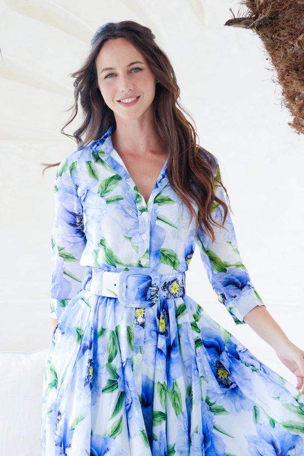 Samantha Sung Aster Dress Shirt Collar 3/4 Sleeve Midi Length Cotton Musola (Pastel Magnolia White)