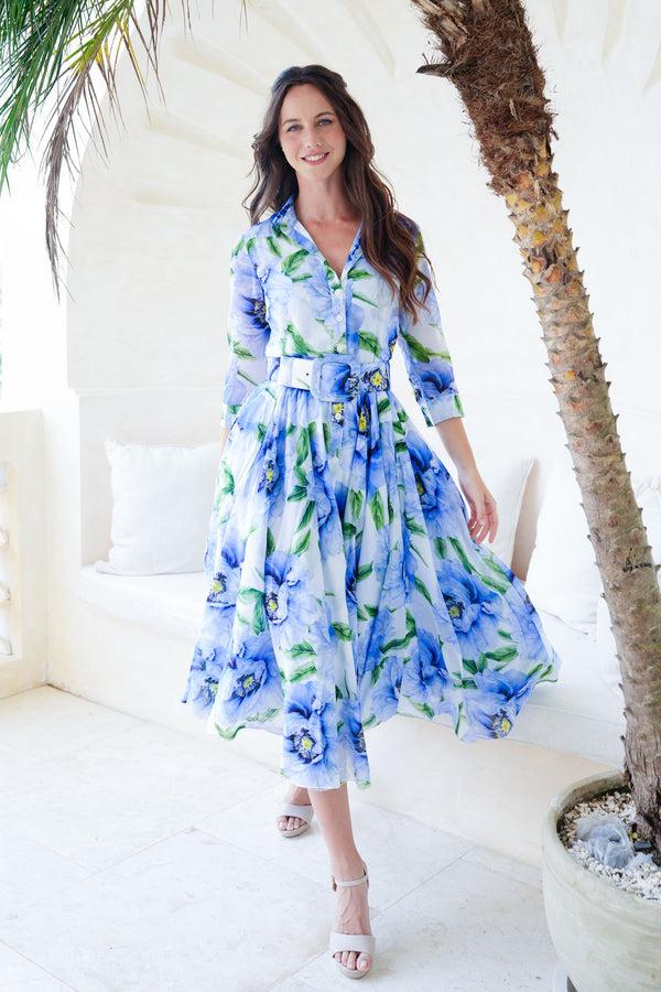 Samantha Sung Aster Dress Shirt Collar 3/4 Sleeve Midi Length Cotton Musola (Pastel Magnolia White)