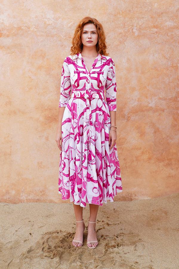 samantha sung Aster Dress Shirt Collar 3/4 Sleeve Midi Length Cotton Musola (Secretariat Horse White Pastel)