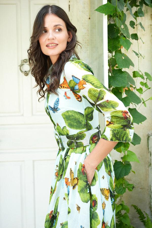 Samantha Sung Aster Dress Shirt Collar 3/4 Sleeve Midi Length Cotton Musola (Clover Butterfly Big)