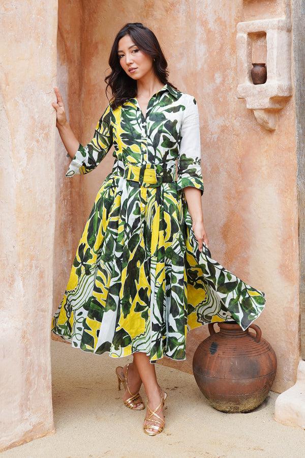 samantha sung Aster Dress Shirt Collar 3/4 Sleeve Midi Length Cotton Musola (Como Lake Garden White)