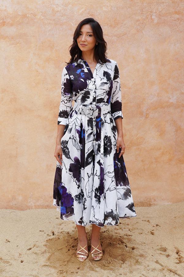 samantha sung Aster Dress Shirt Collar 3/4 Sleeve Midi Length Cotton Musola (Fiori D'este Small)