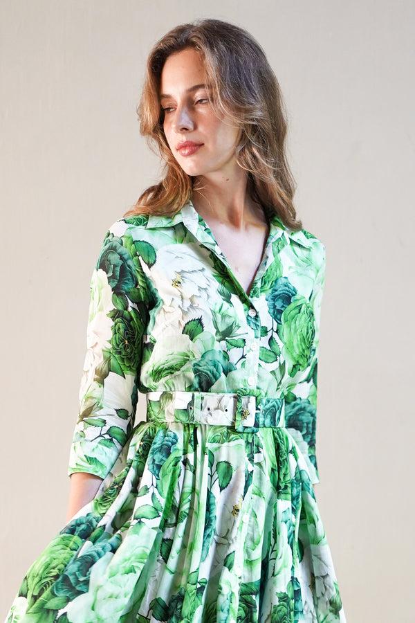 Samantha Sung Aster Dress Shirt Collar 3/4 Sleeve Midi Length Cotton Musola (Rose Wallpaper)