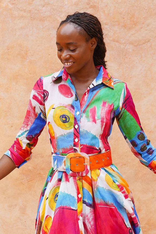 Samantha Sung Aster Dress Shirt Collar 3/4 Sleeve Midi Length Cotton Musola (Bastera Painting)