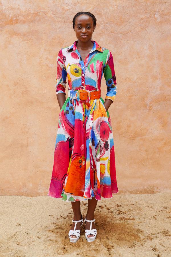 samantha sung Aster Dress Shirt Collar 3/4 Sleeve Midi Length Cotton Musola (Bastera Painting)