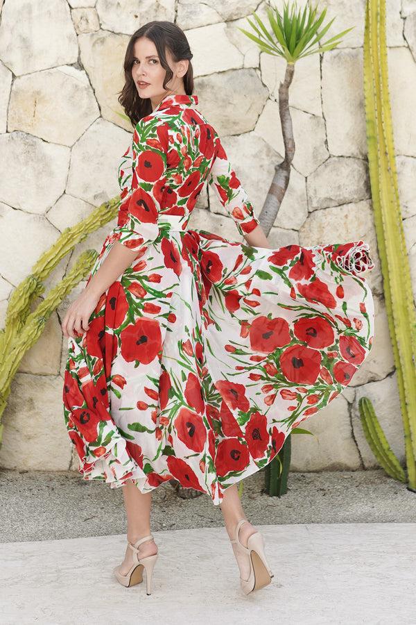 Samantha Sung Aster Dress Shirt Collar 3/4 Sleeve Midi Length Cotton Musola (Fiori Poppy Big White)