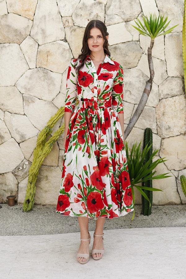 samantha sung Aster Dress Shirt Collar 3/4 Sleeve Midi Length Cotton Musola (Fiori Poppy Big White)