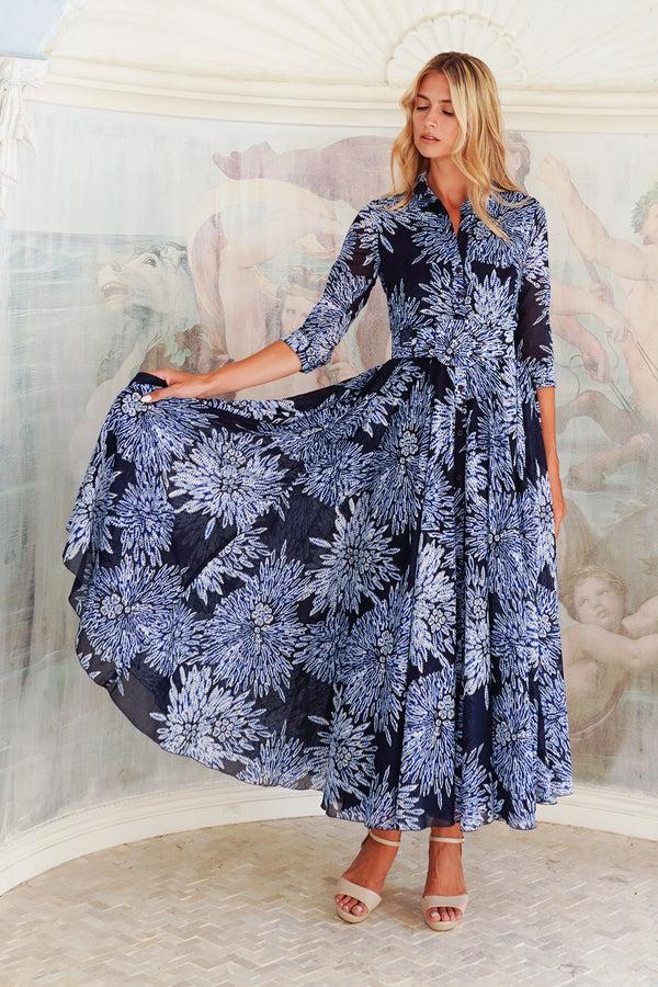 Samantha Sung Aster Dress Shirt Collar 3/4 Sleeve Midi Length Cotton Musola (Shibori Sumire)