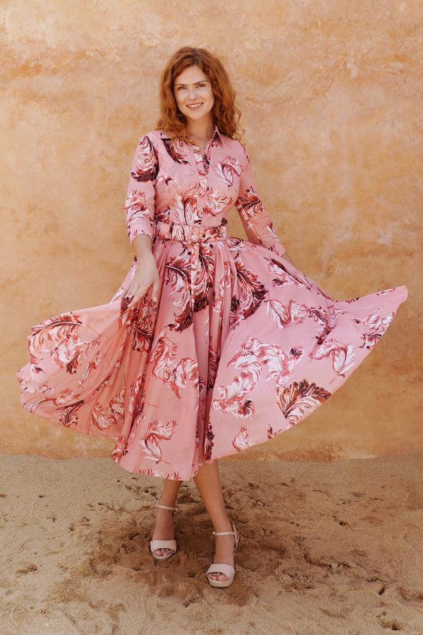 Samantha Sung Aster Dress Shirt Collar 3/4 Sleeve Midi Length Cotton Musola (Feather Lightness Small Pastel)