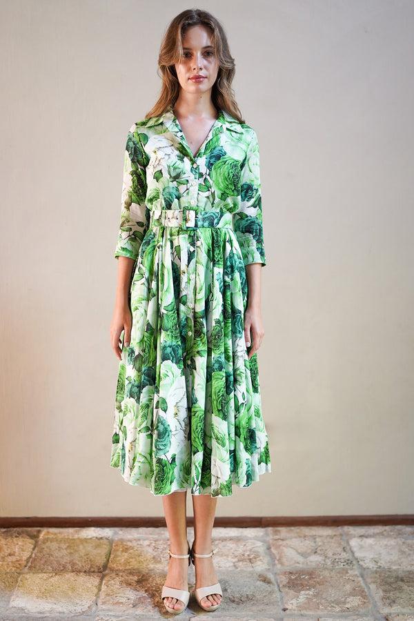 samantha sung Aster Dress Shirt Collar 3/4 Sleeve Midi Length Cotton Musola (Rose Wallpaper)