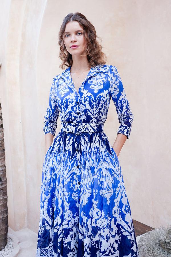 Samantha Sung Aster Dress Shirt Collar 3/4 Sleeve Midi Length Cotton Musola (Impero Ombre)