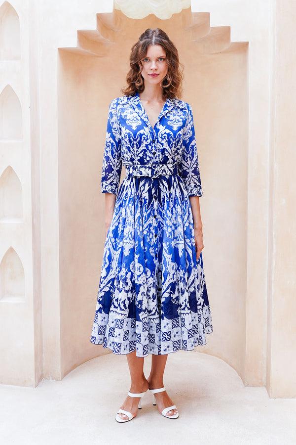 samantha sung Aster Dress Shirt Collar 3/4 Sleeve Midi Length Cotton Musola (Impero Ombre)