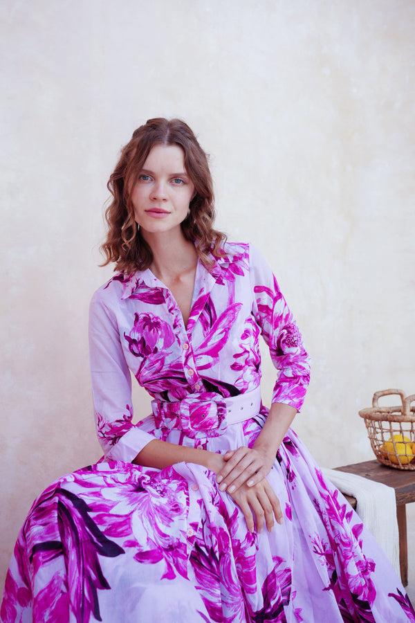 Samantha Sung Aster Dress Shirt Collar 3/4 Sleeve Midi Length Cotton Musola (Mum Flower Big Pastel)