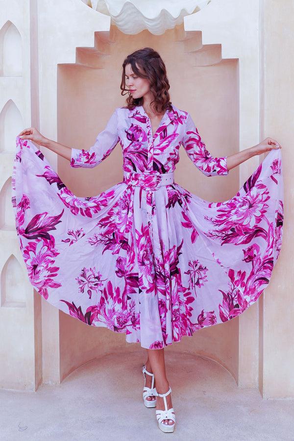 Samantha Sung Aster Dress Shirt Collar 3/4 Sleeve Midi Length Cotton Musola (Mum Flower Big Pastel)