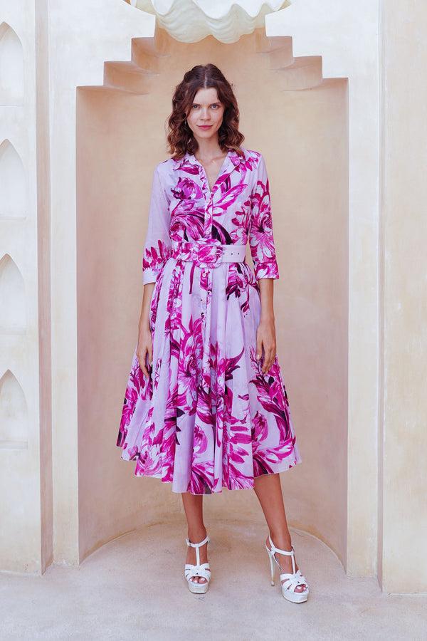 samantha sung Aster Dress Shirt Collar 3/4 Sleeve Midi Length Cotton Musola (Mum Flower Big Pastel)