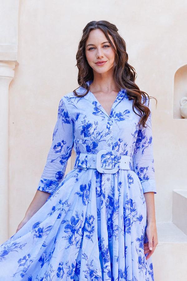 Samantha Sung Aster Dress Shirt Collar 3/4 Sleeve Midi Length Cotton Musola (Thorn Bud Rose Small Ground)